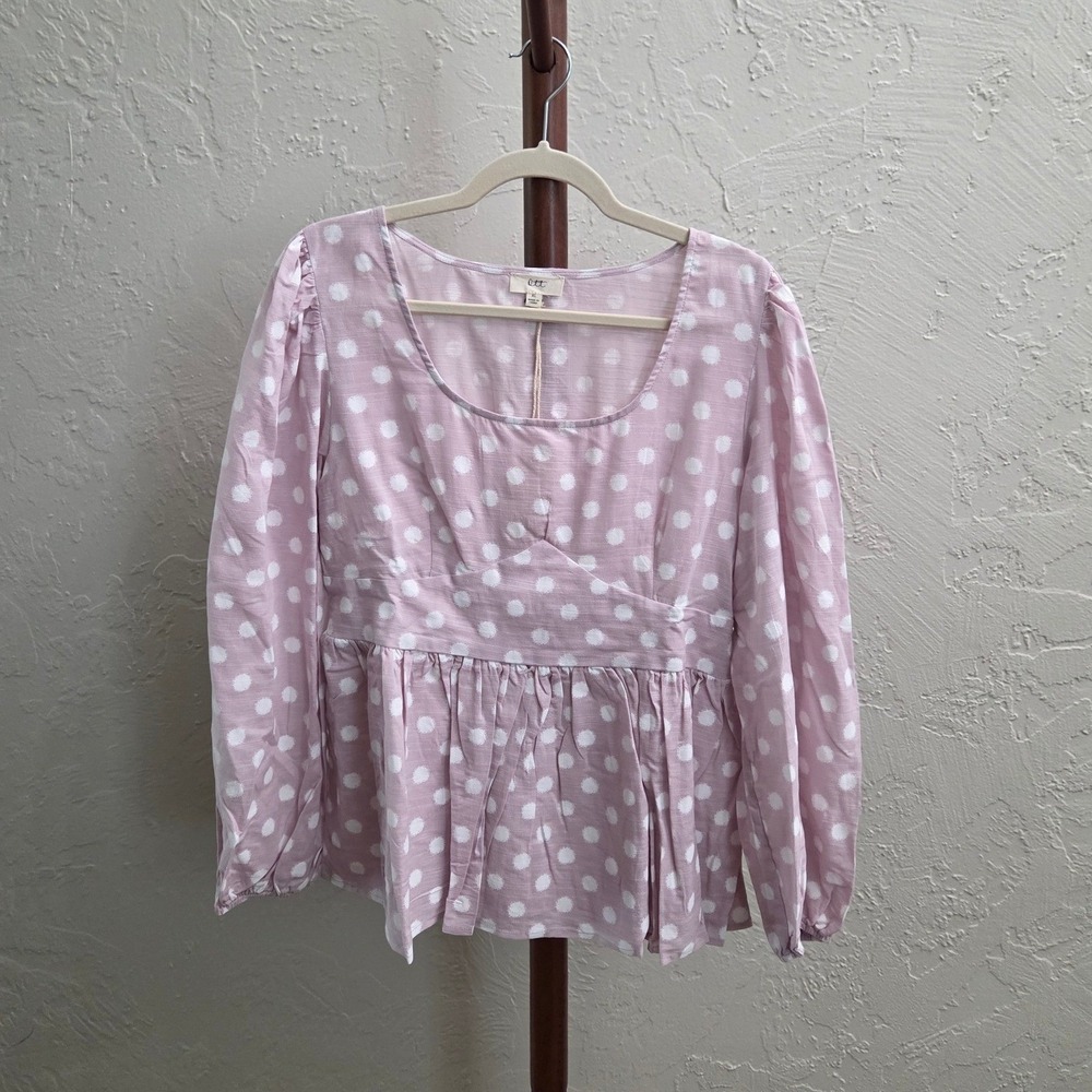 T149. Polka Dot‎ Peplum Smocked Back Long Sleeve Blouse